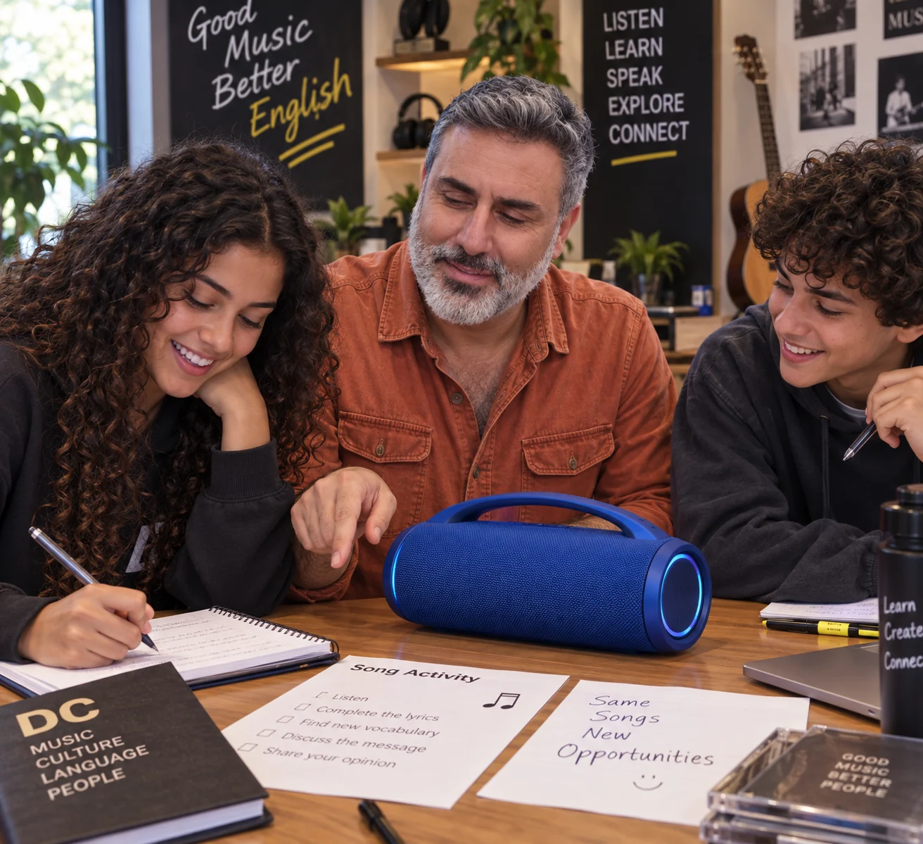 Professor conduzindo uma atividade de listening com dois adolescentes, caixa de som azul e materiais de música