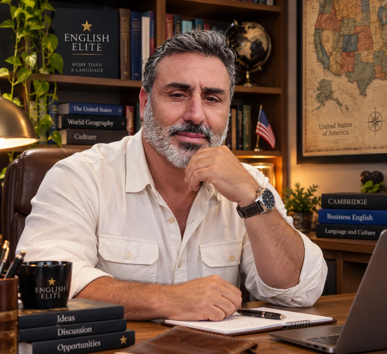 Fabrizzio Sabetta, fundador da English Elite, em seu escritório com livros e materiais de inglês
