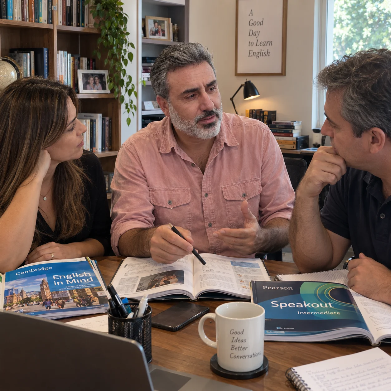 Professor em aula personalizada de inglês com dois adultos, com materiais Cambridge e Pearson sobre a mesa