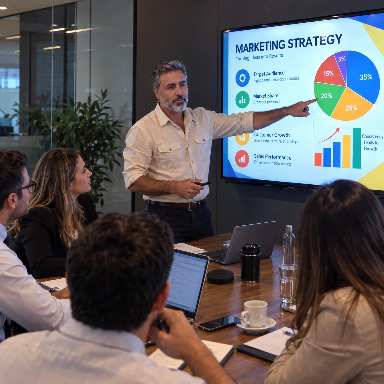 Professor apresentando uma estratégia em inglês para executivos em uma sala de reunião