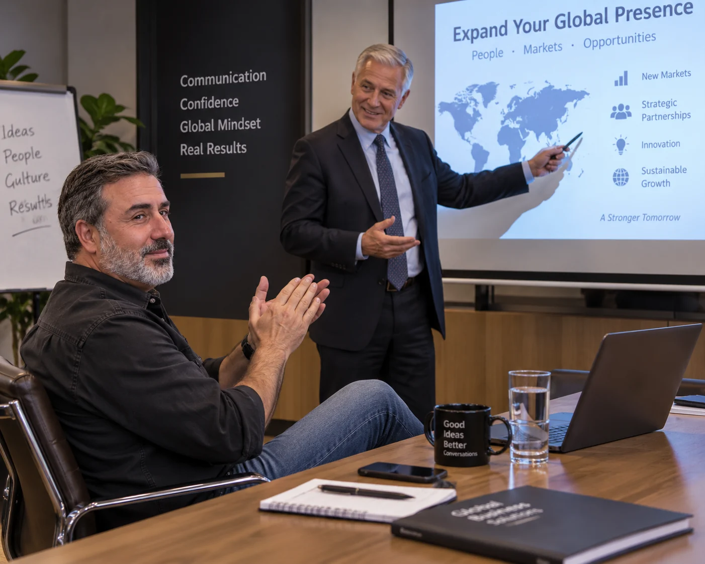 Executivo fazendo uma apresentação em inglês enquanto o professor assiste e aplaude