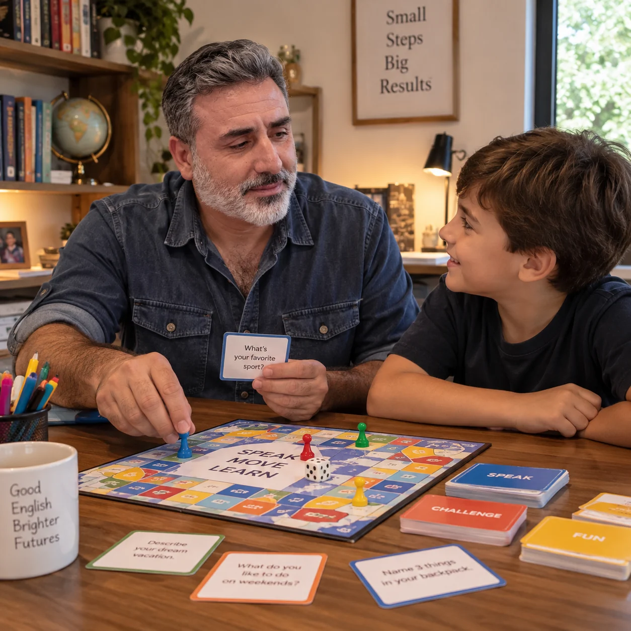 Professor praticando inglês com uma criança durante um jogo de tabuleiro