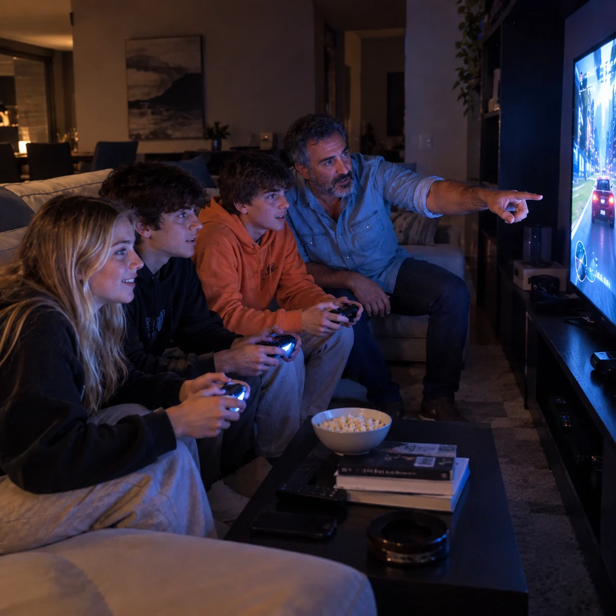 Professor e adolescentes praticando inglês enquanto jogam videogame